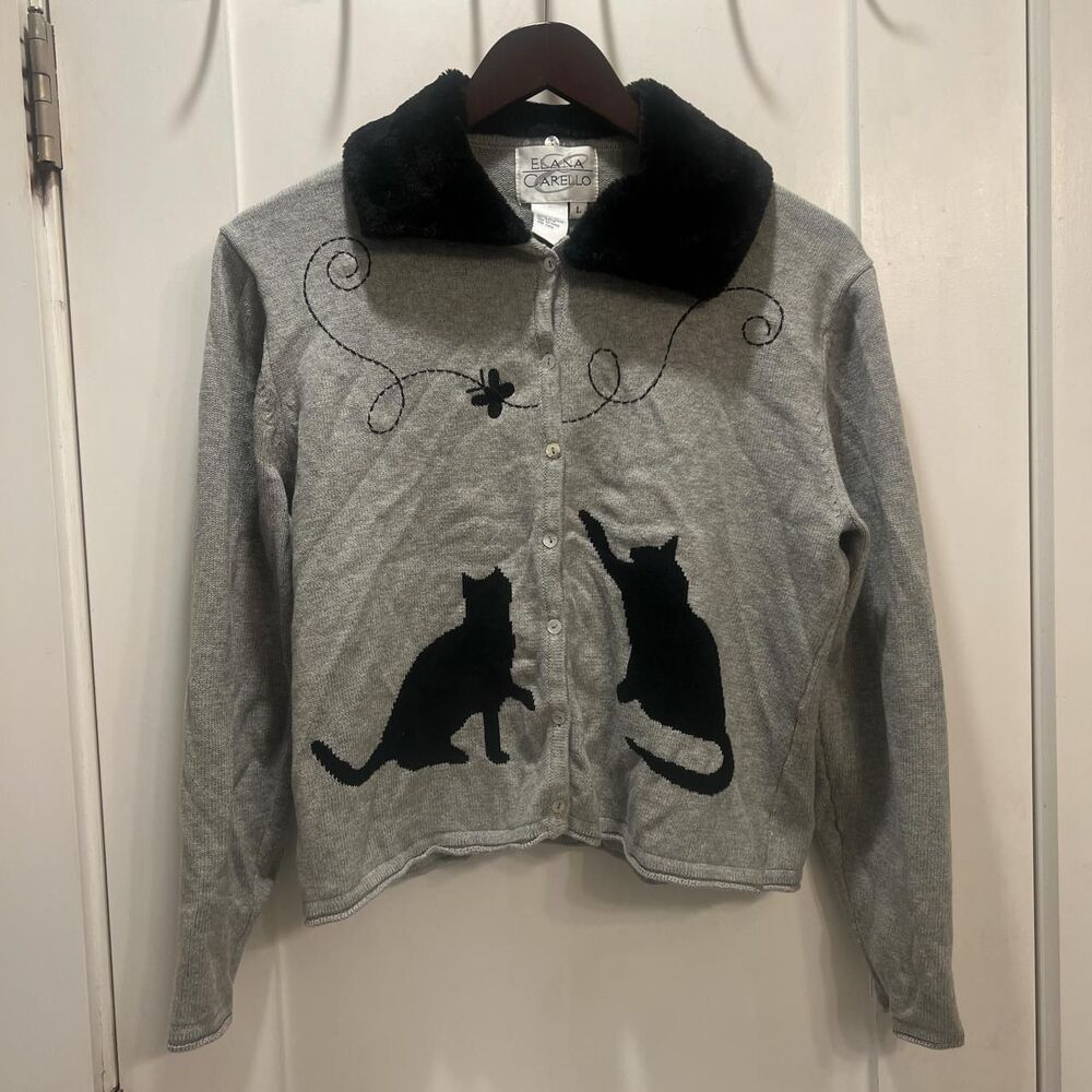 Elana Carello Retro Kitty Cardigan with Detachable Faux Fur Trim